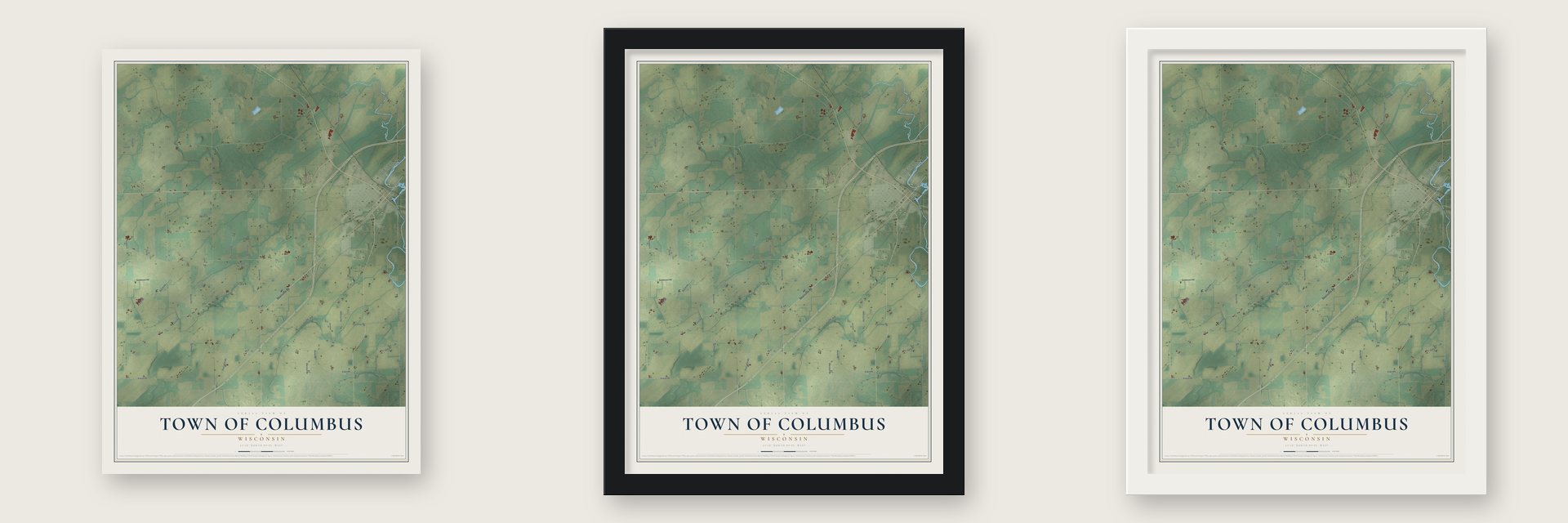 Town of Columbus, Wisconsin map unframed, in a black wood frame and in a white wood frame