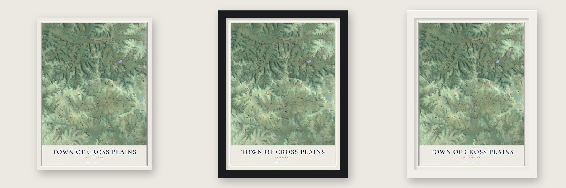 Town of Cross Plains, Wisconsin map unframed, in a black wood frame and in a white wood frame