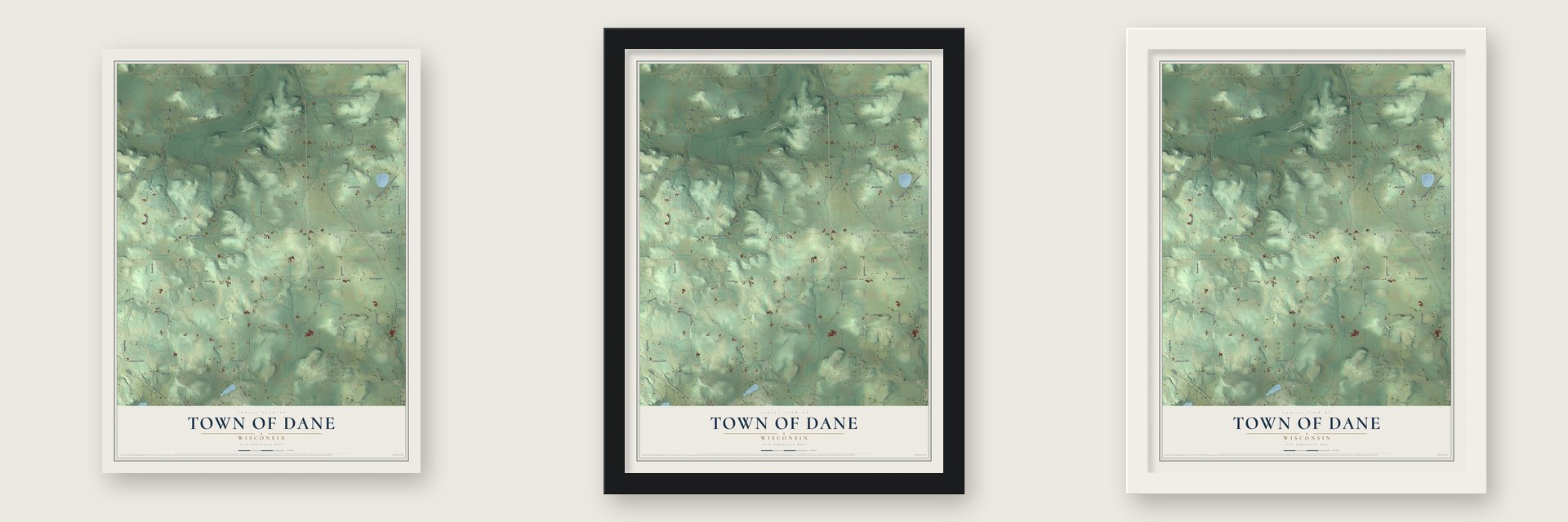 Town of Dane, Wisconsin map unframed, in a black wood frame and in a white wood frame