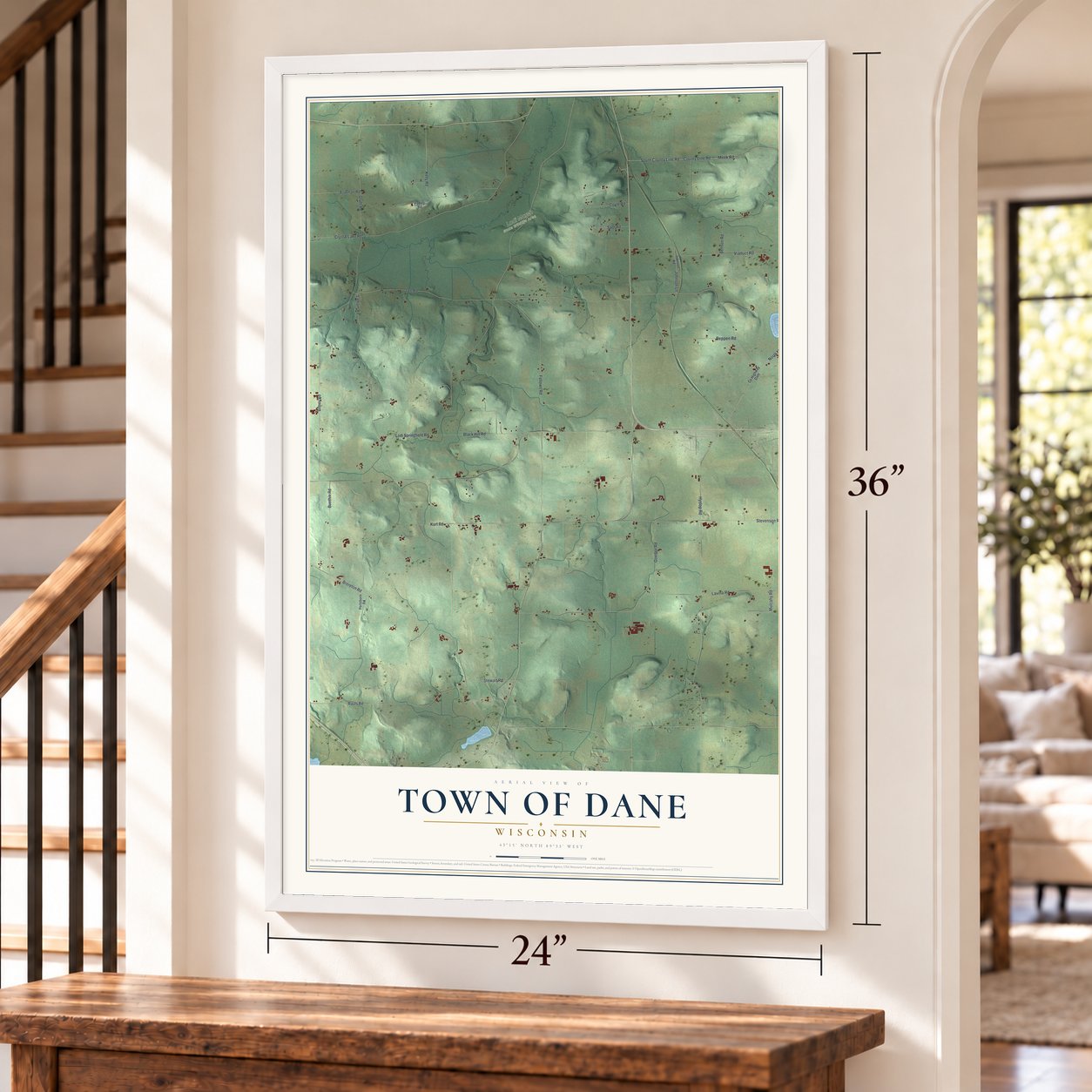 Town of Dane, Wisconsin map, 24 x 36 inch print in a white frame by a staircase