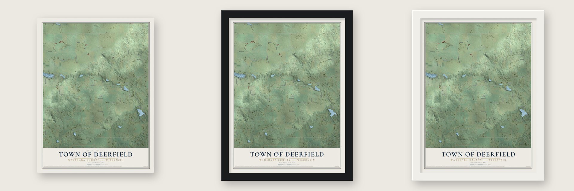 Town of Deerfield, Waushara County, Wisconsin map unframed, in a black wood frame and in a white wood frame