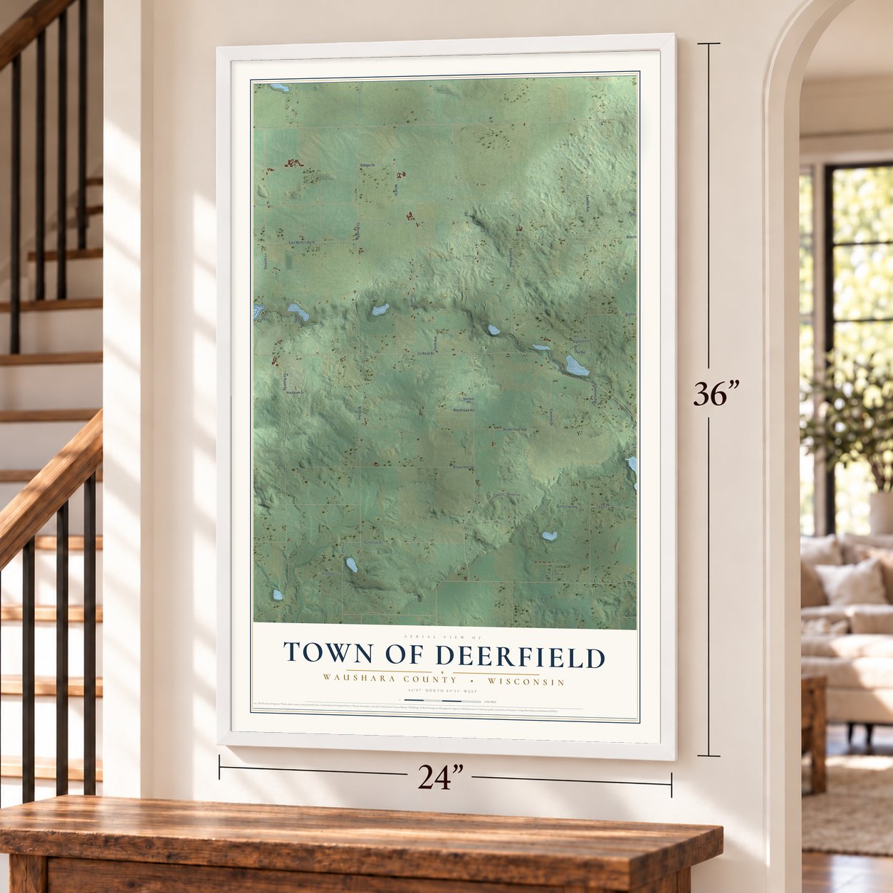 Town of Deerfield, Waushara County, Wisconsin map, 24 x 36 inch print in a white frame by a staircase