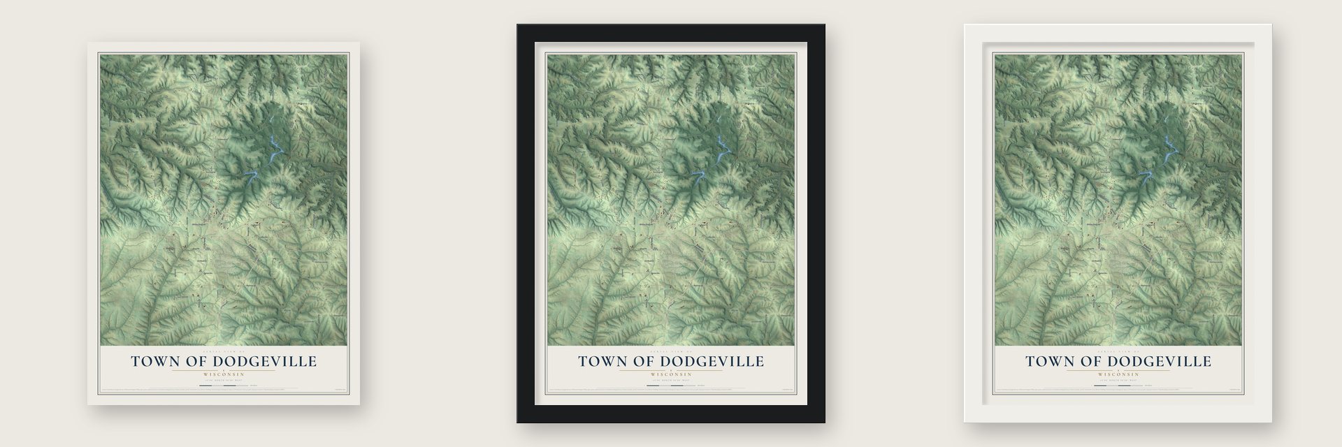 Town of Dodgeville, Wisconsin map unframed, in a black wood frame and in a white wood frame