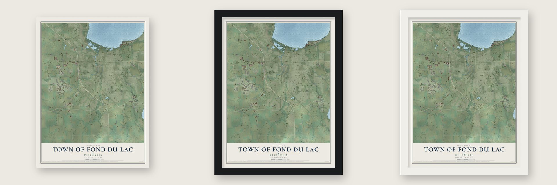 Town of Fond du Lac, Wisconsin map unframed, in a black wood frame and in a white wood frame