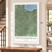 Town of Fond du Lac, Wisconsin map, 24 x 36 inch print in a white frame by a staircase