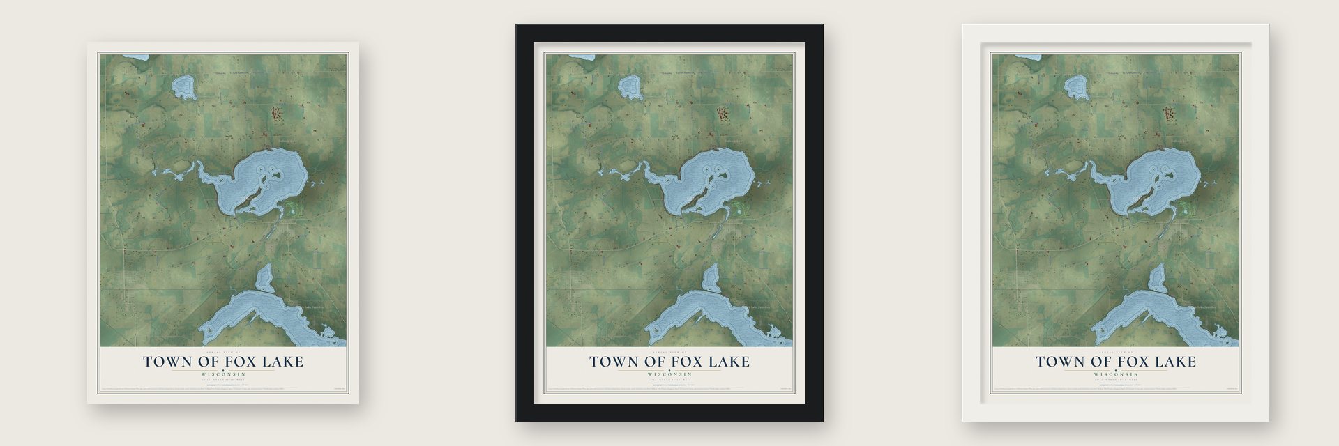 Town of Fox Lake, Wisconsin map unframed, in a black wood frame and in a white wood frame