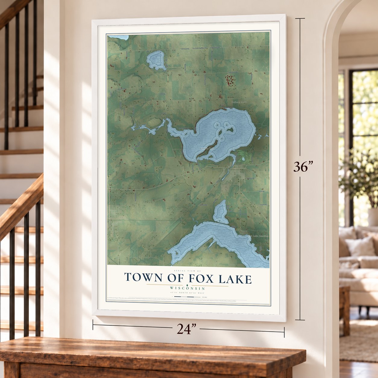 Town of Fox Lake, Wisconsin map, 24 x 36 inch print in a white frame by a staircase