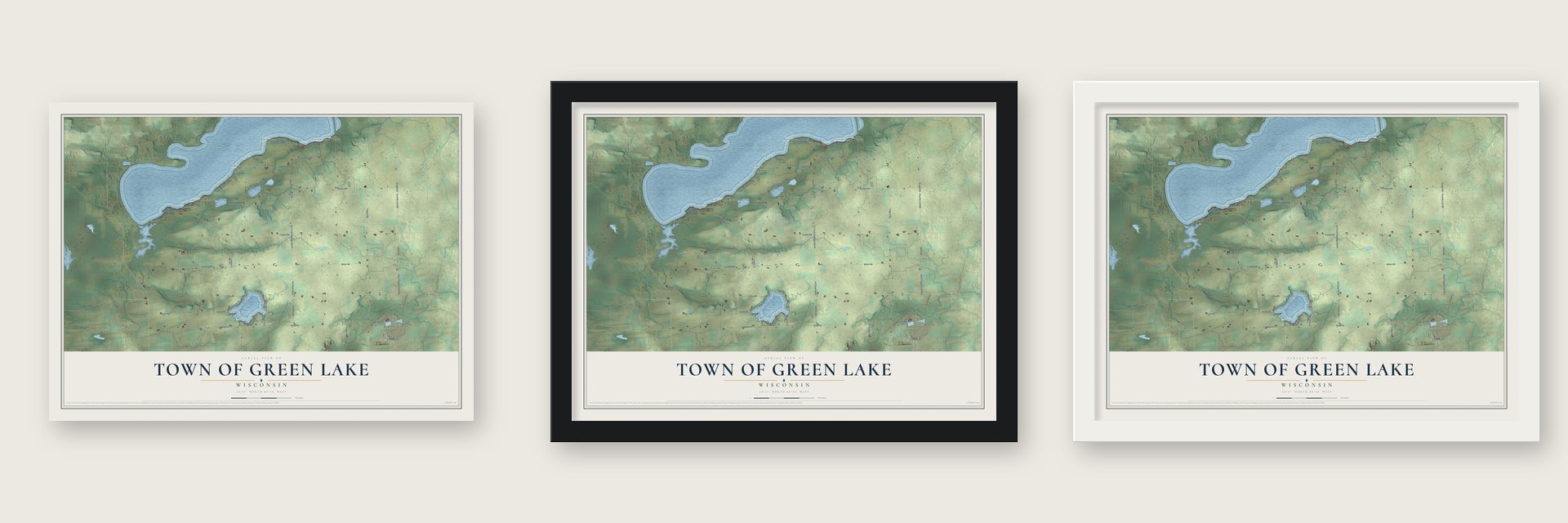Town of Green Lake, Wisconsin map unframed, in a black wood frame and in a white wood frame