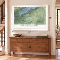 Town of Green Lake, Wisconsin map, 24 x 36 inch print in a white frame above a dresser by a staircase