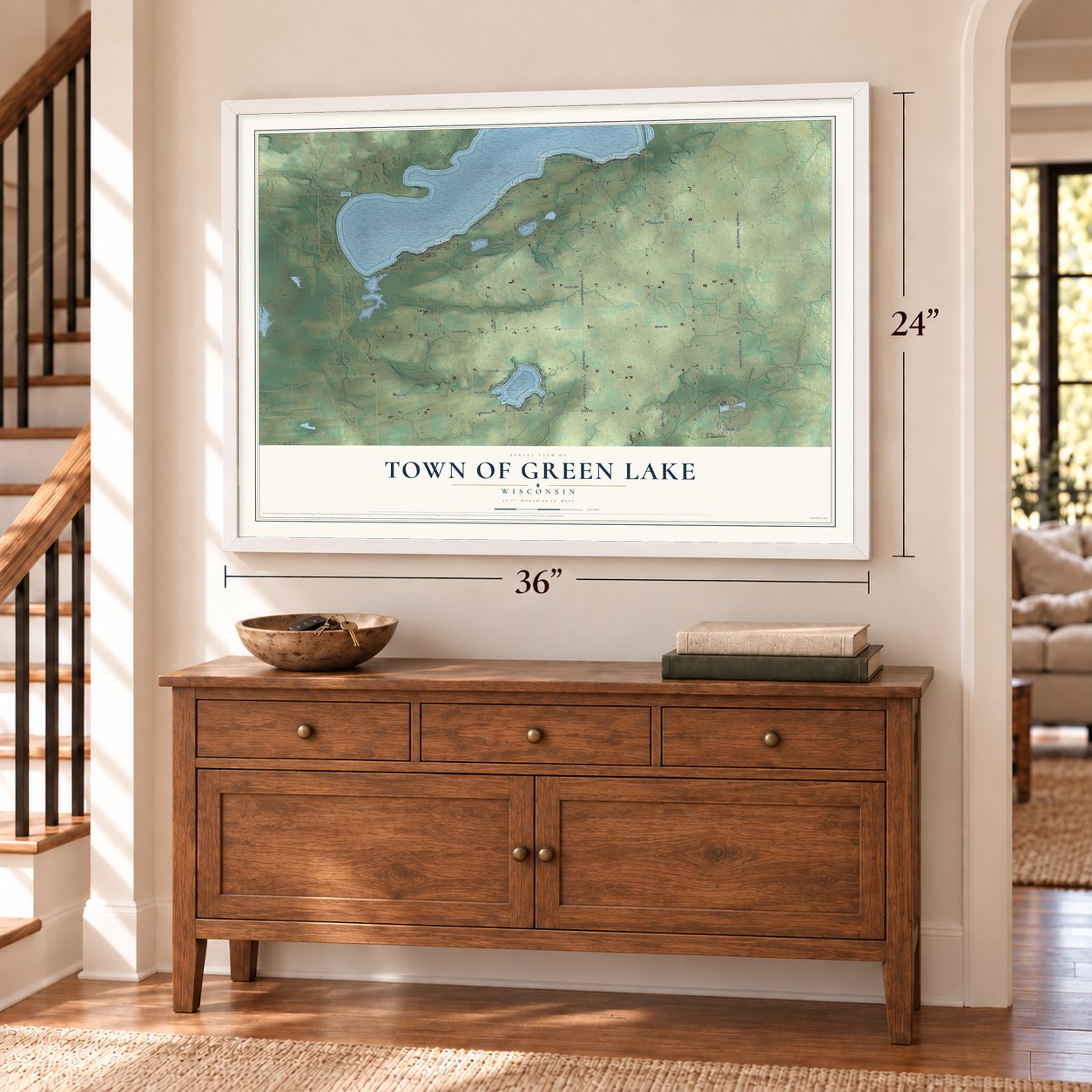 Town of Green Lake, Wisconsin map, 24 x 36 inch print in a white frame above a dresser by a staircase