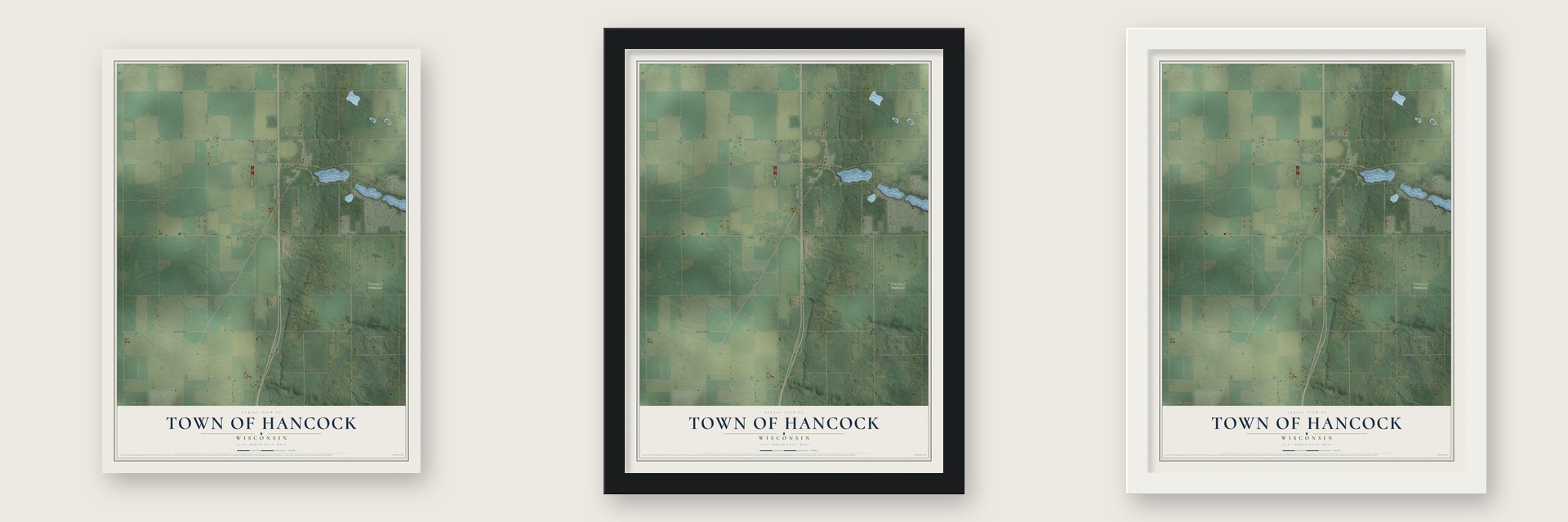 Town of Hancock, Wisconsin map unframed, in a black wood frame and in a white wood frame