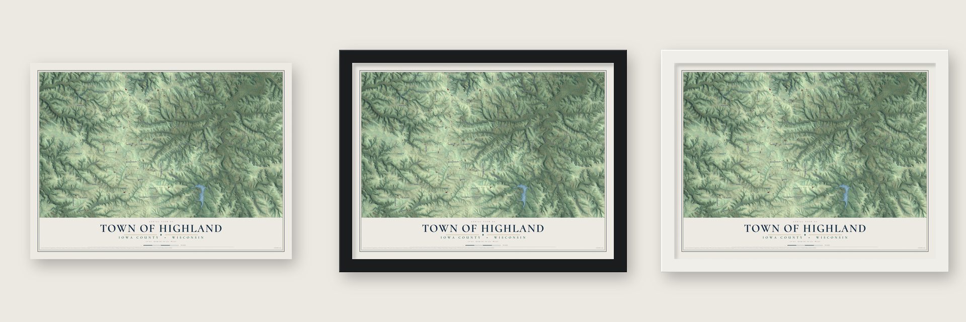 Town of Highland, Iowa County, Wisconsin map unframed, in a black wood frame and in a white wood frame