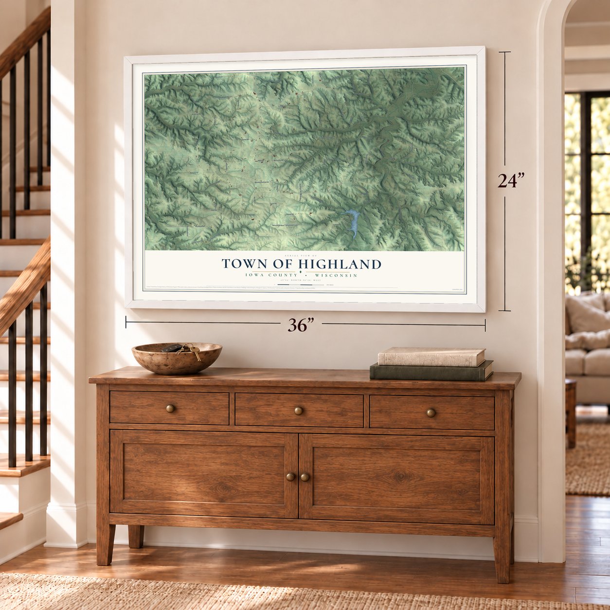 Town of Highland, Iowa County, Wisconsin map, 24 x 36 inch print in a white frame above a dresser by a staircase
