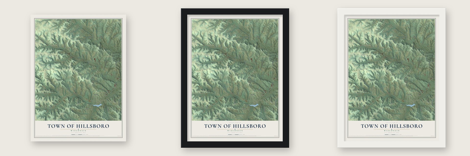 Town of Hillsboro, Wisconsin map unframed, in a black wood frame and in a white wood frame