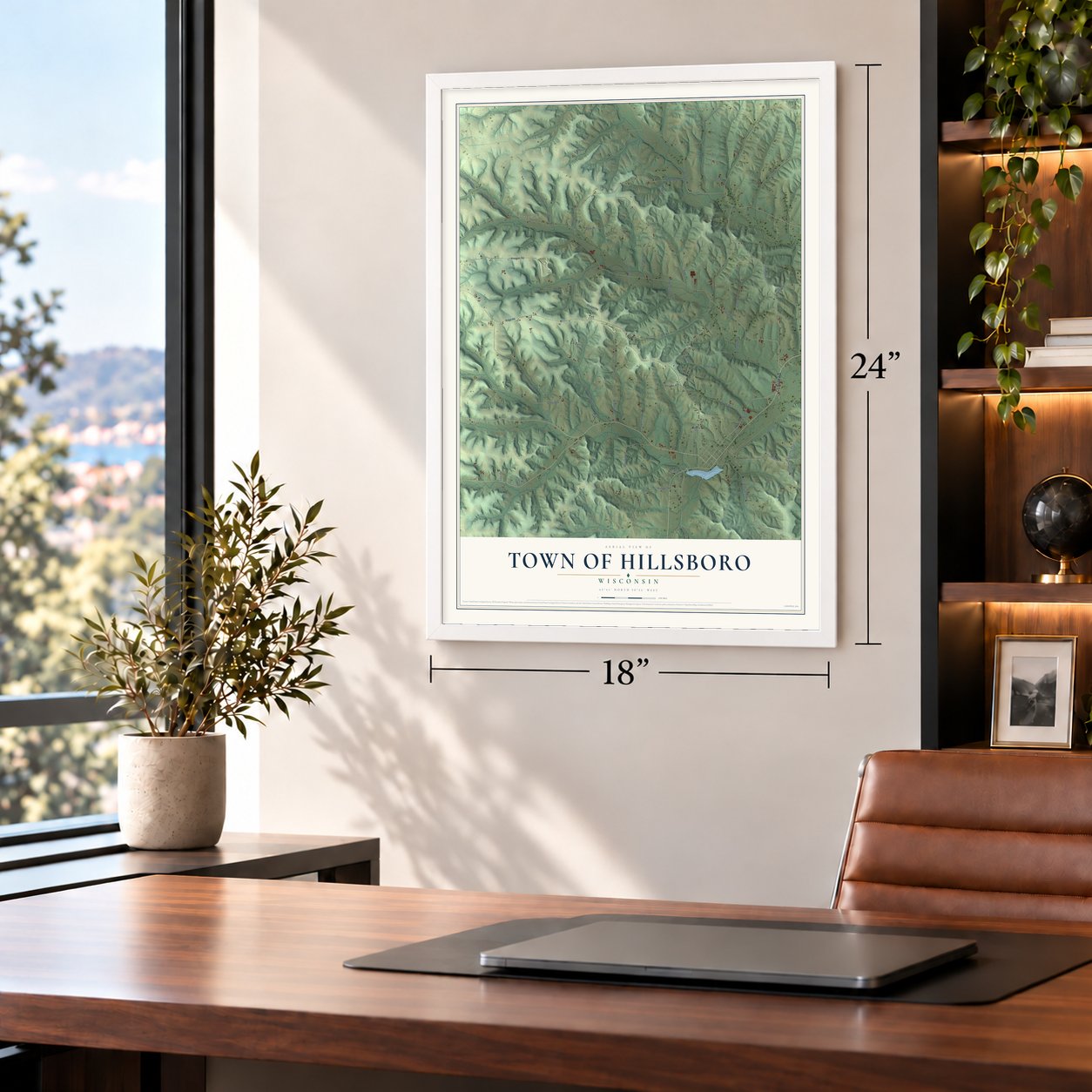 Town of Hillsboro, Wisconsin map, 18 x 24 inch print in a white frame in a home office