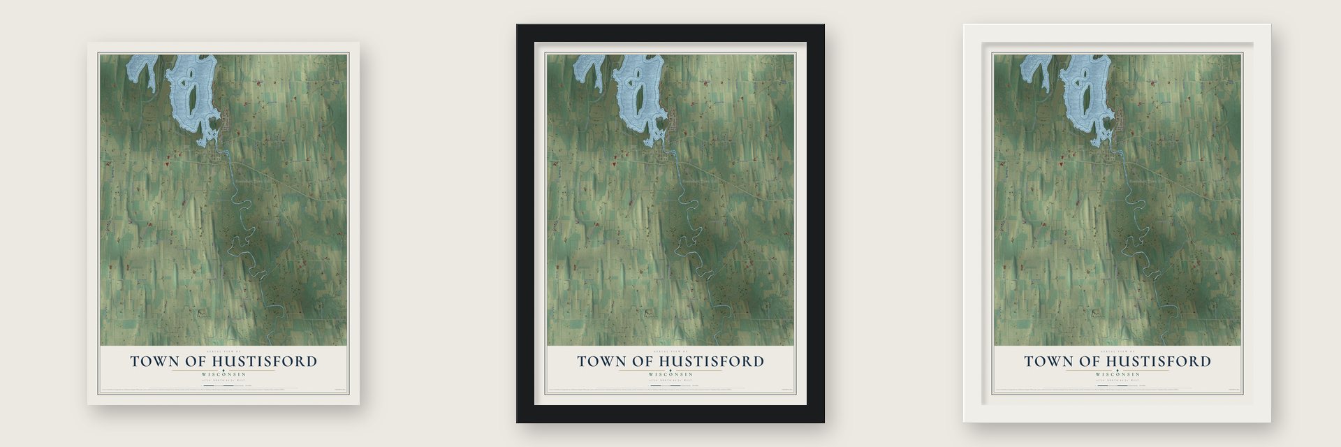 Town of Hustisford, Wisconsin map unframed, in a black wood frame and in a white wood frame