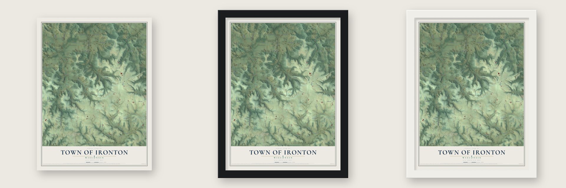 Town of Ironton, Wisconsin map unframed, in a black wood frame and in a white wood frame