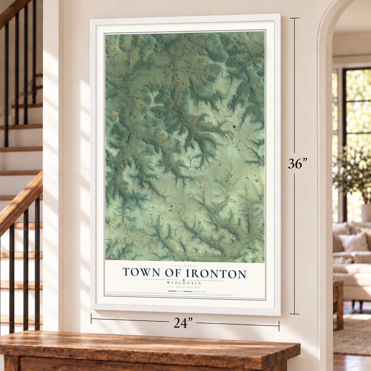 Town of Ironton, Wisconsin map, 24 x 36 inch print in a white frame by a staircase