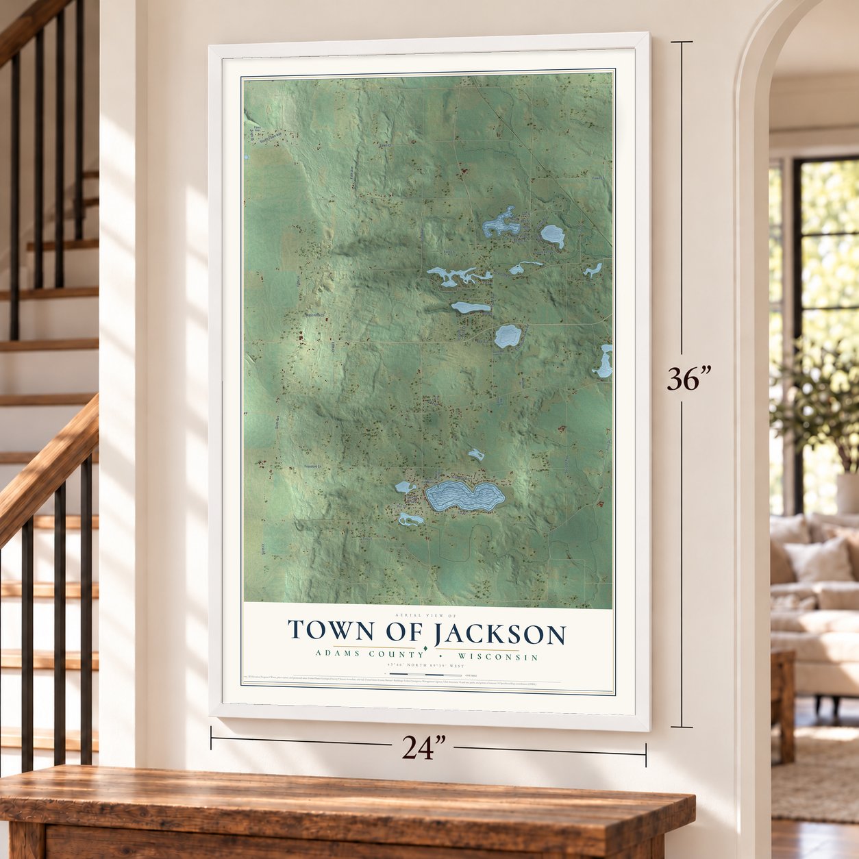 Town of Jackson, Adams County, Wisconsin map, 24 x 36 inch print in a white frame by a staircase