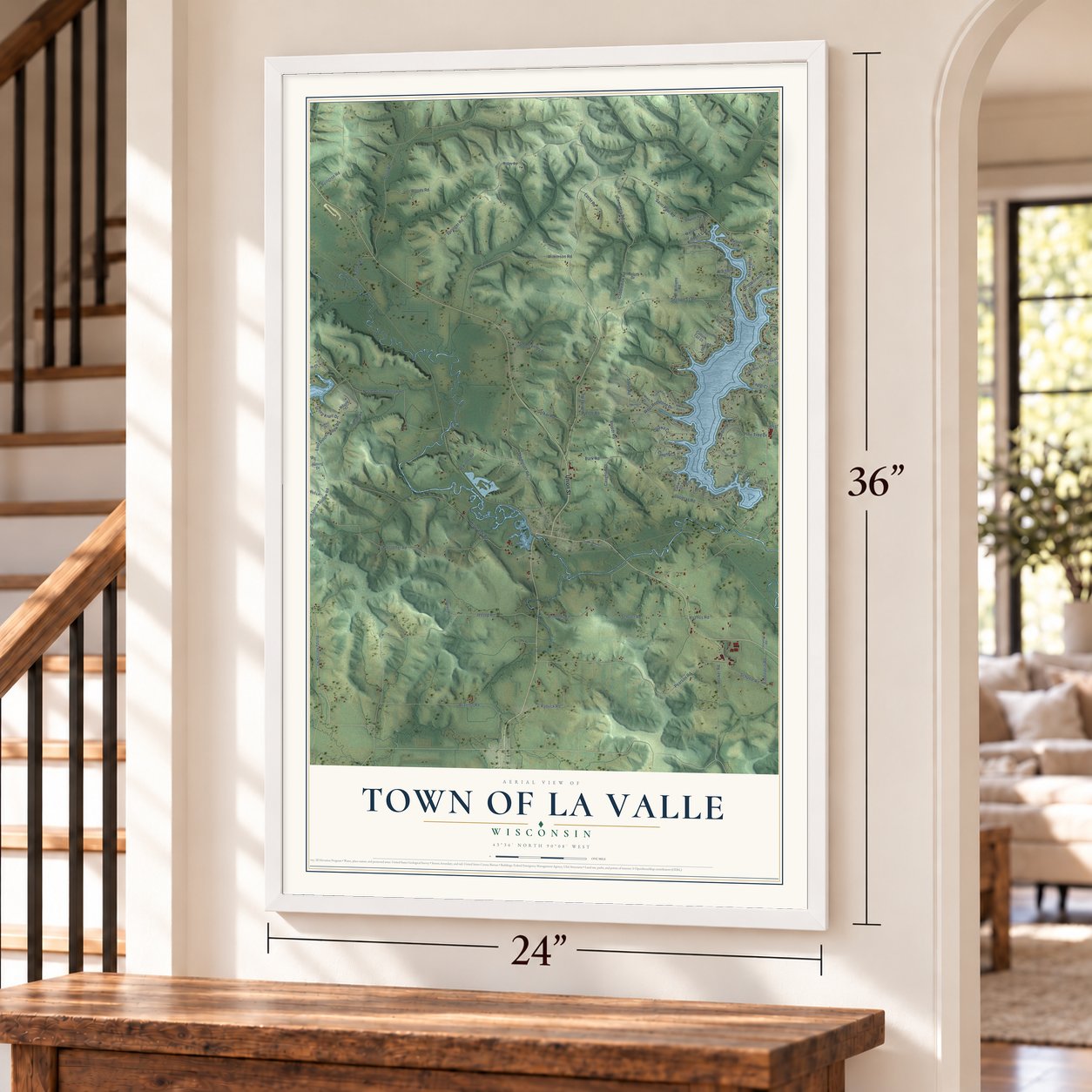 Town of La Valle, Wisconsin map, 24 x 36 inch print in a white frame by a staircase