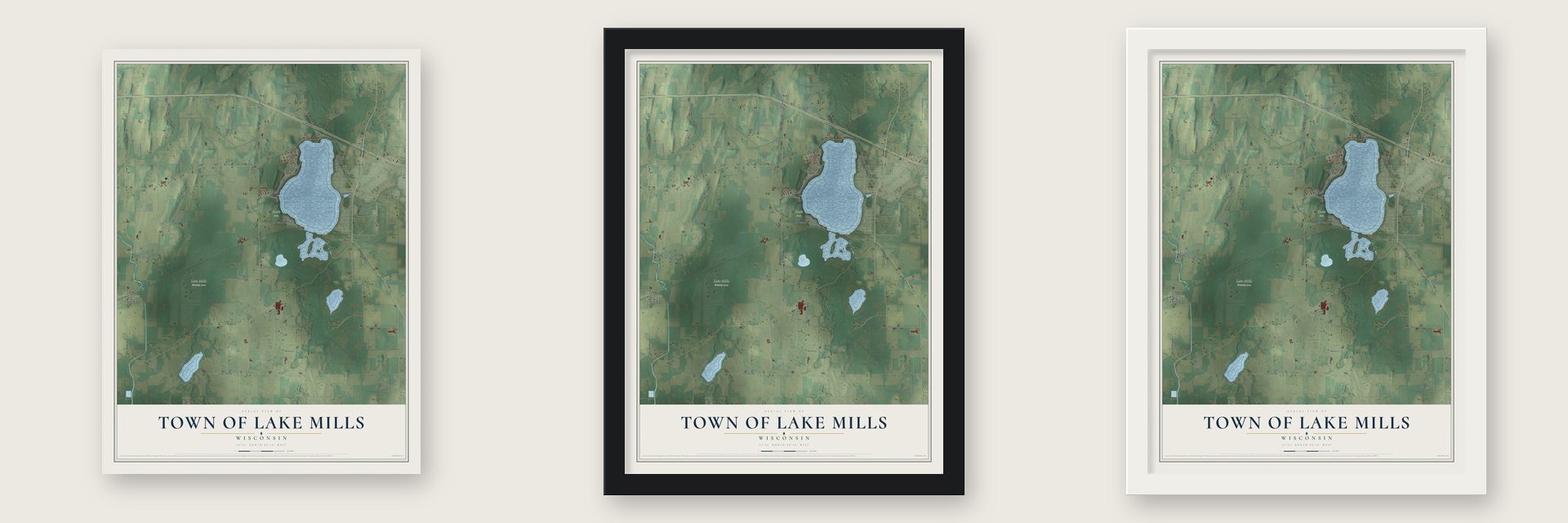 Town of Lake Mills, Wisconsin map unframed, in a black wood frame and in a white wood frame