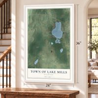 Town of Lake Mills, Wisconsin map, 24 x 36 inch print in a white frame by a staircase