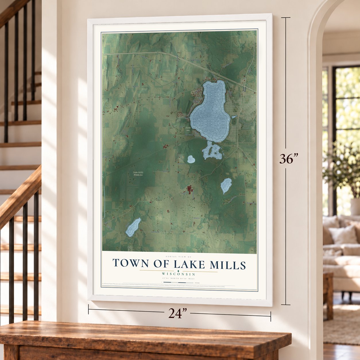 Town of Lake Mills, Wisconsin map, 24 x 36 inch print in a white frame by a staircase