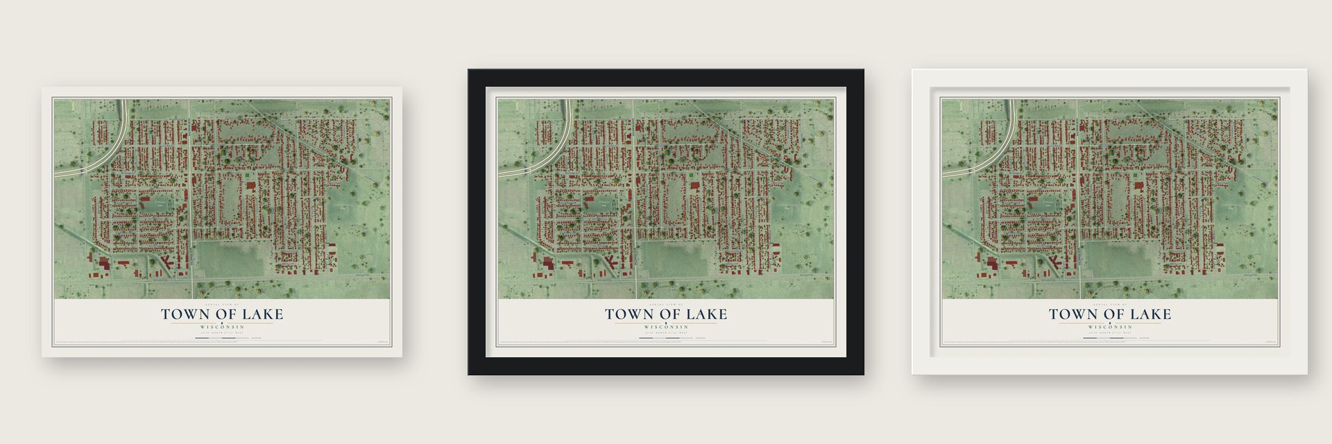 Town of Lake, Wisconsin map unframed, in a black wood frame and in a white wood frame