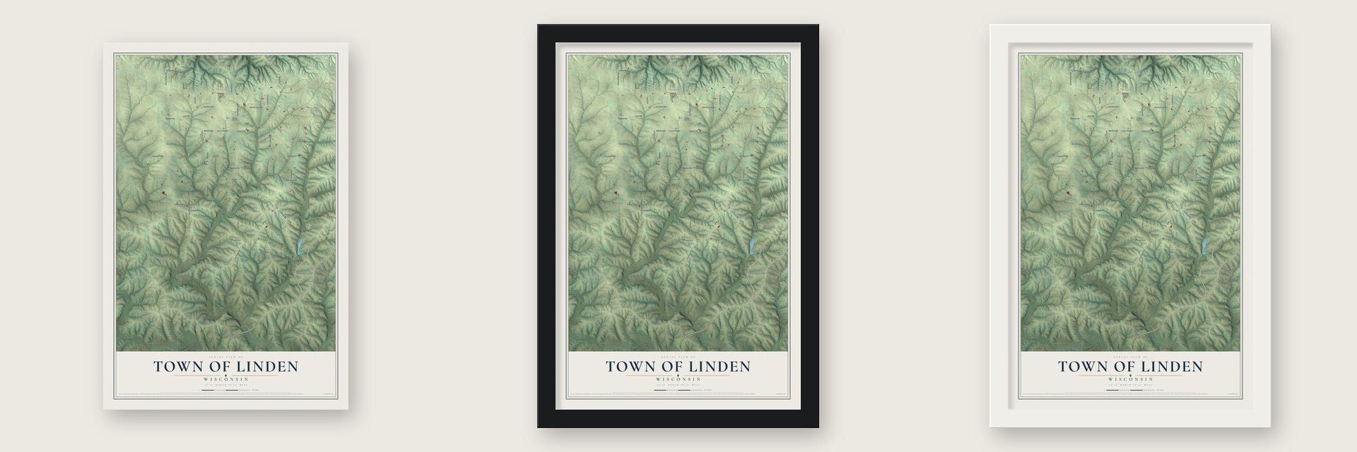 Town of Linden, Wisconsin map unframed, in a black wood frame and in a white wood frame
