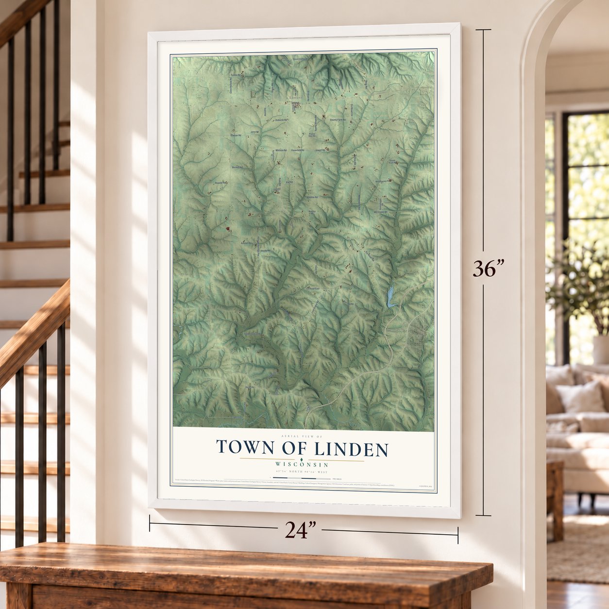 Town of Linden, Wisconsin map, 24 x 36 inch print in a white frame by a staircase