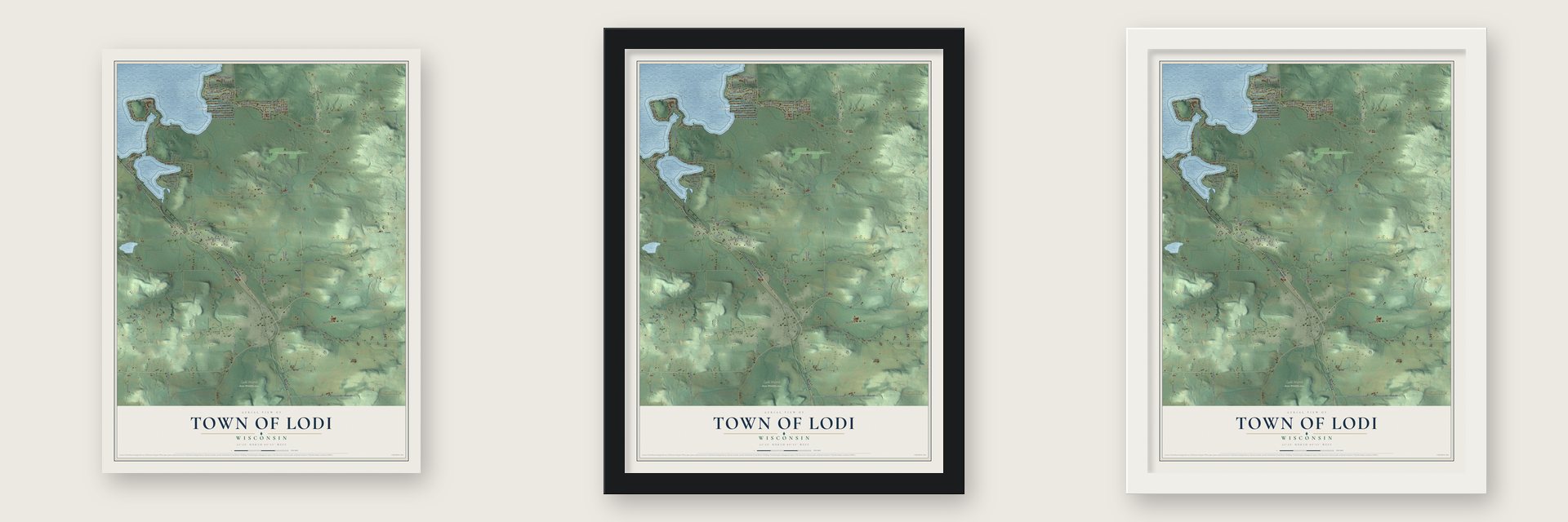 Town of Lodi, Wisconsin map unframed, in a black wood frame and in a white wood frame