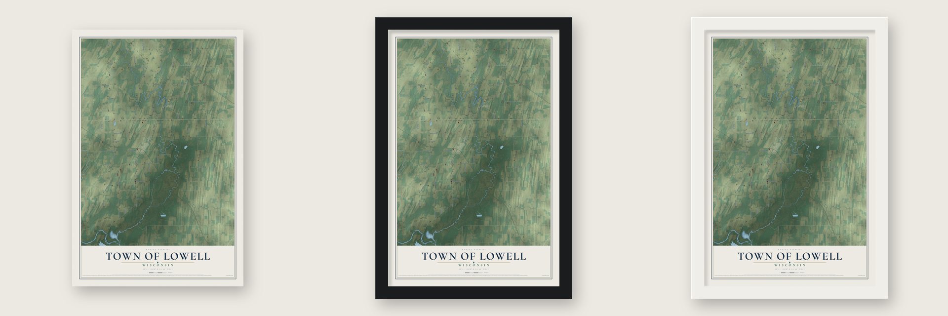 Town of Lowell, Wisconsin map unframed, in a black wood frame and in a white wood frame