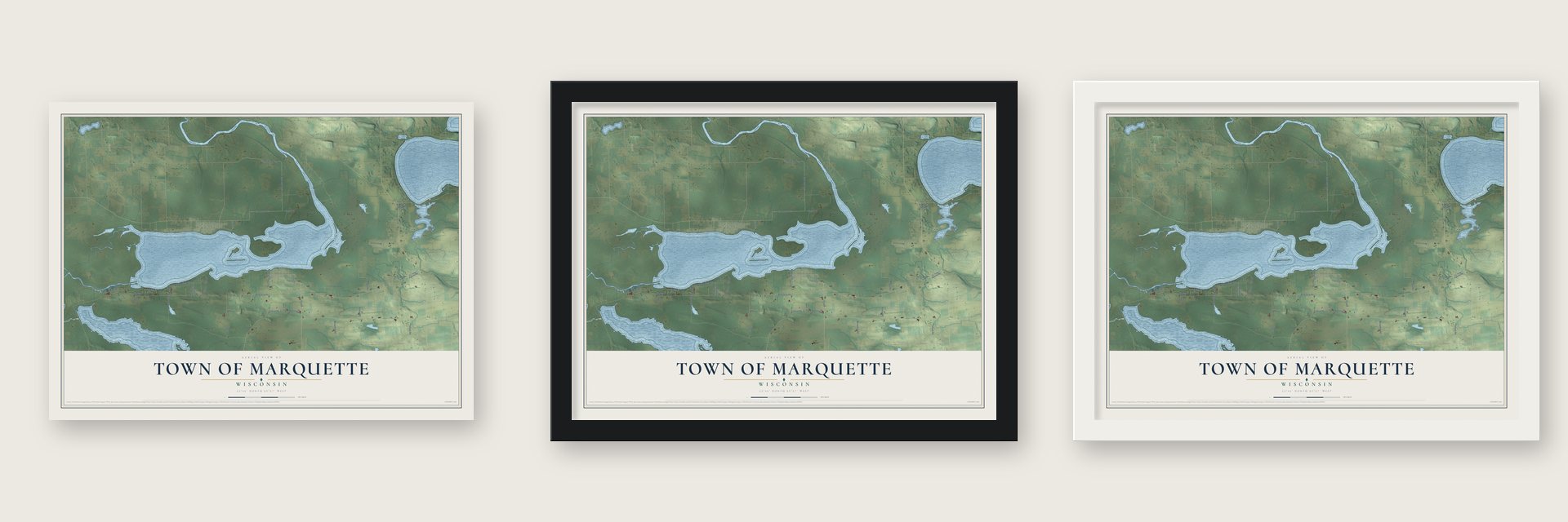 Town of Marquette, Wisconsin map unframed, in a black wood frame and in a white wood frame