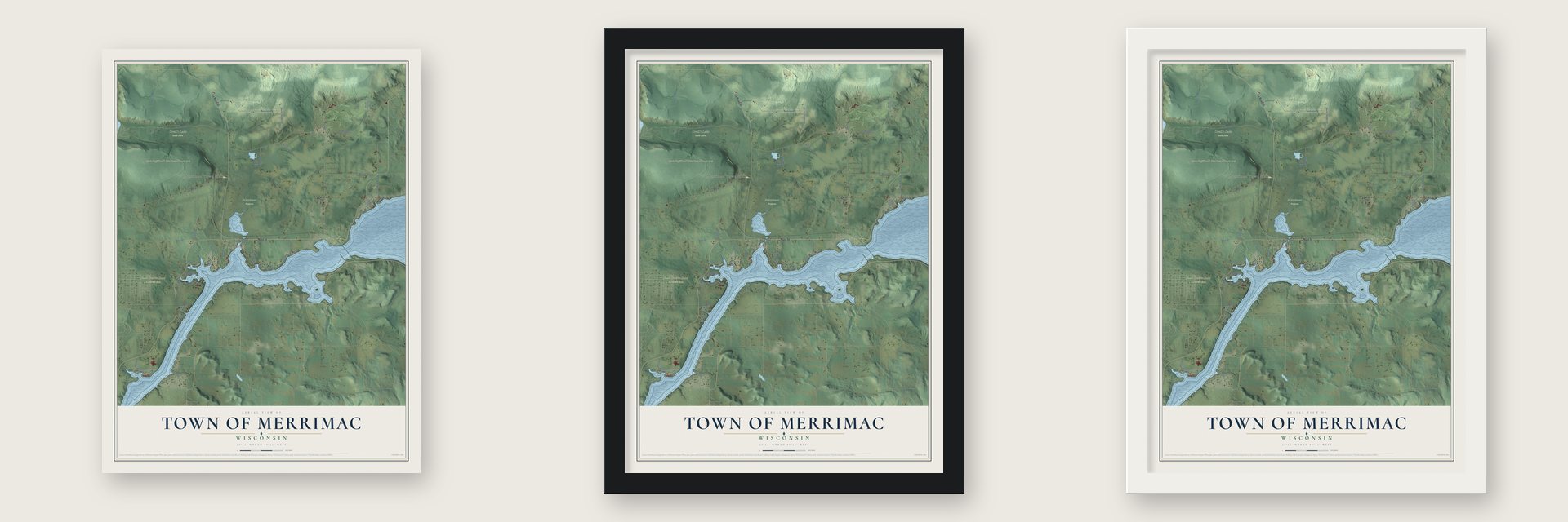 Town of Merrimac, Wisconsin map unframed, in a black wood frame and in a white wood frame