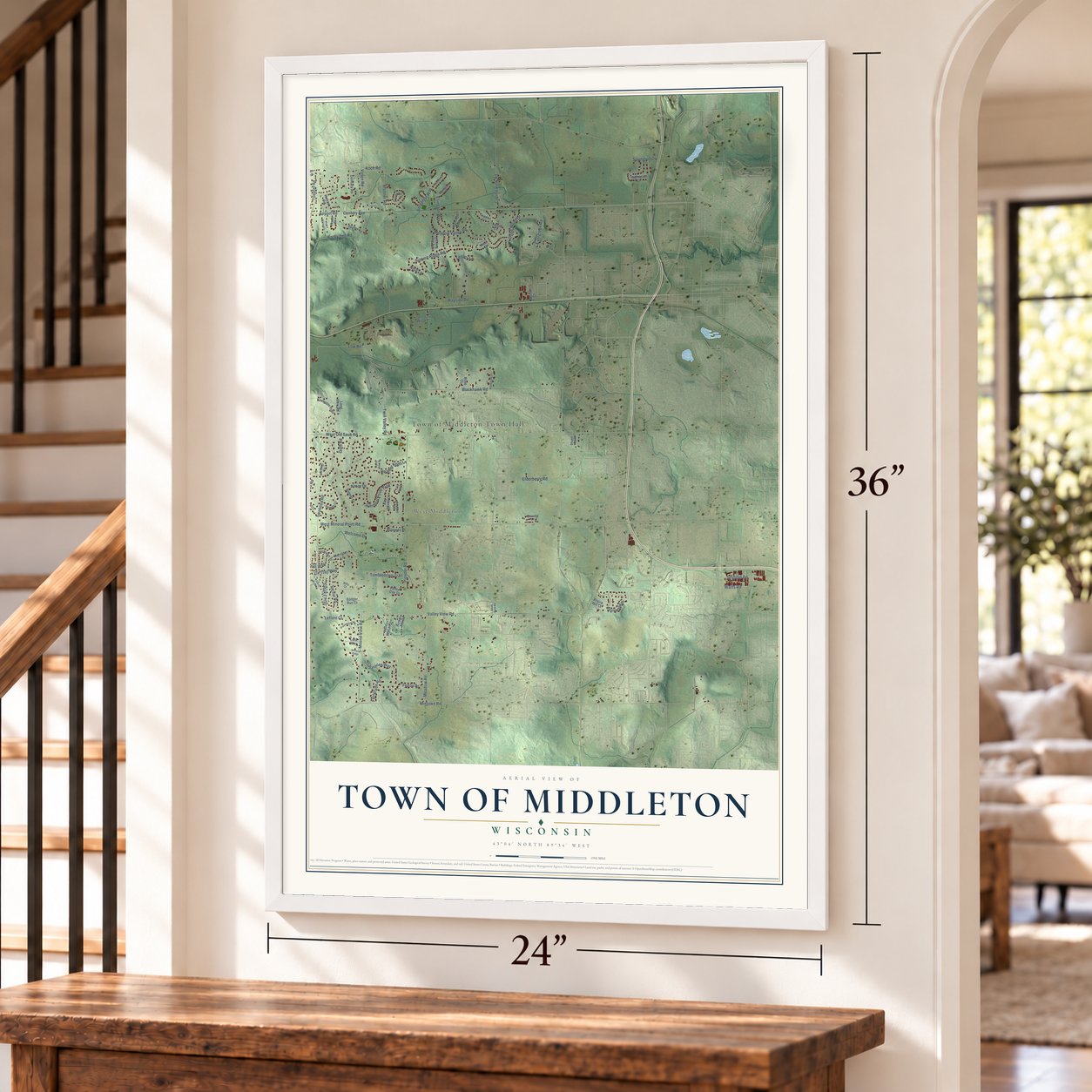 Town of Middleton, Wisconsin map, 24 x 36 inch print in a white frame by a staircase