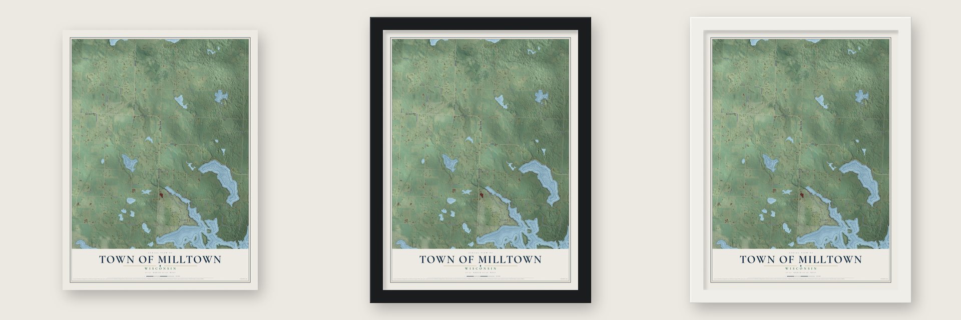 Town of Milltown, Wisconsin map unframed, in a black wood frame and in a white wood frame