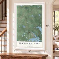 Town of Milltown, Wisconsin map, 24 x 36 inch print in a white frame by a staircase