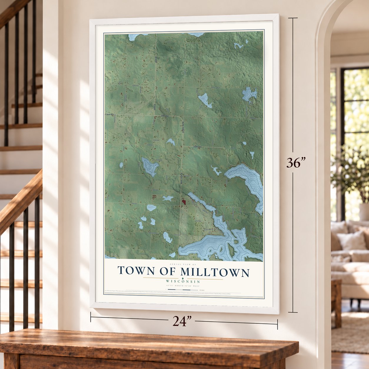 Town of Milltown, Wisconsin map, 24 x 36 inch print in a white frame by a staircase