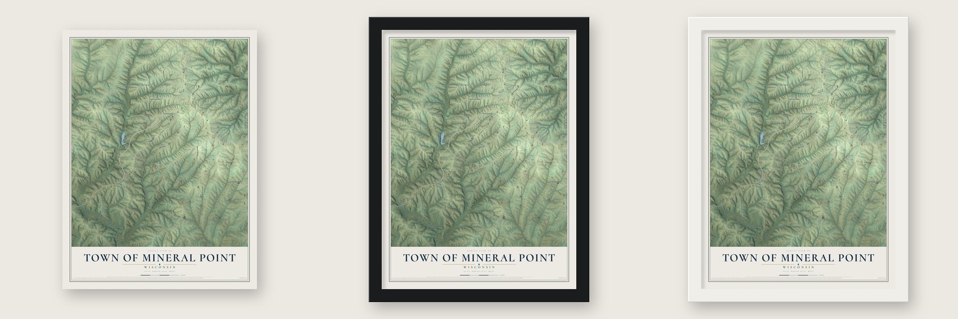 Town of Mineral Point, Wisconsin map unframed, in a black wood frame and in a white wood frame