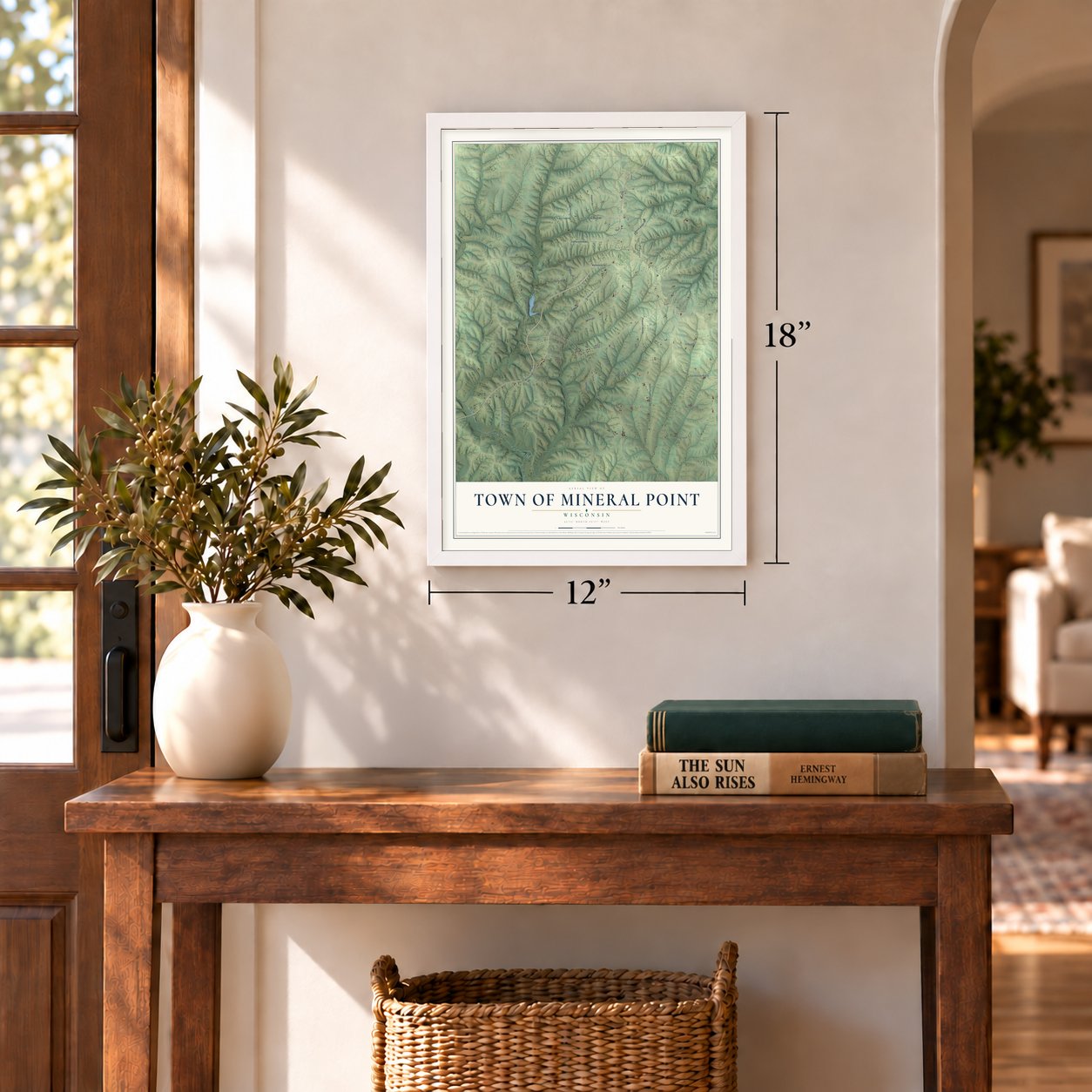 Town of Mineral Point, Wisconsin map, 12 x 18 inch print in a white frame in an entryway