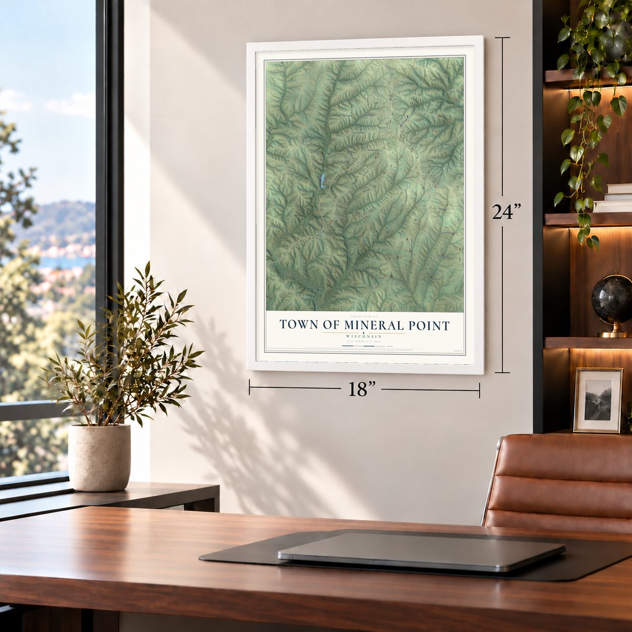 Town of Mineral Point, Wisconsin map, 18 x 24 inch print in a white frame in a home office
