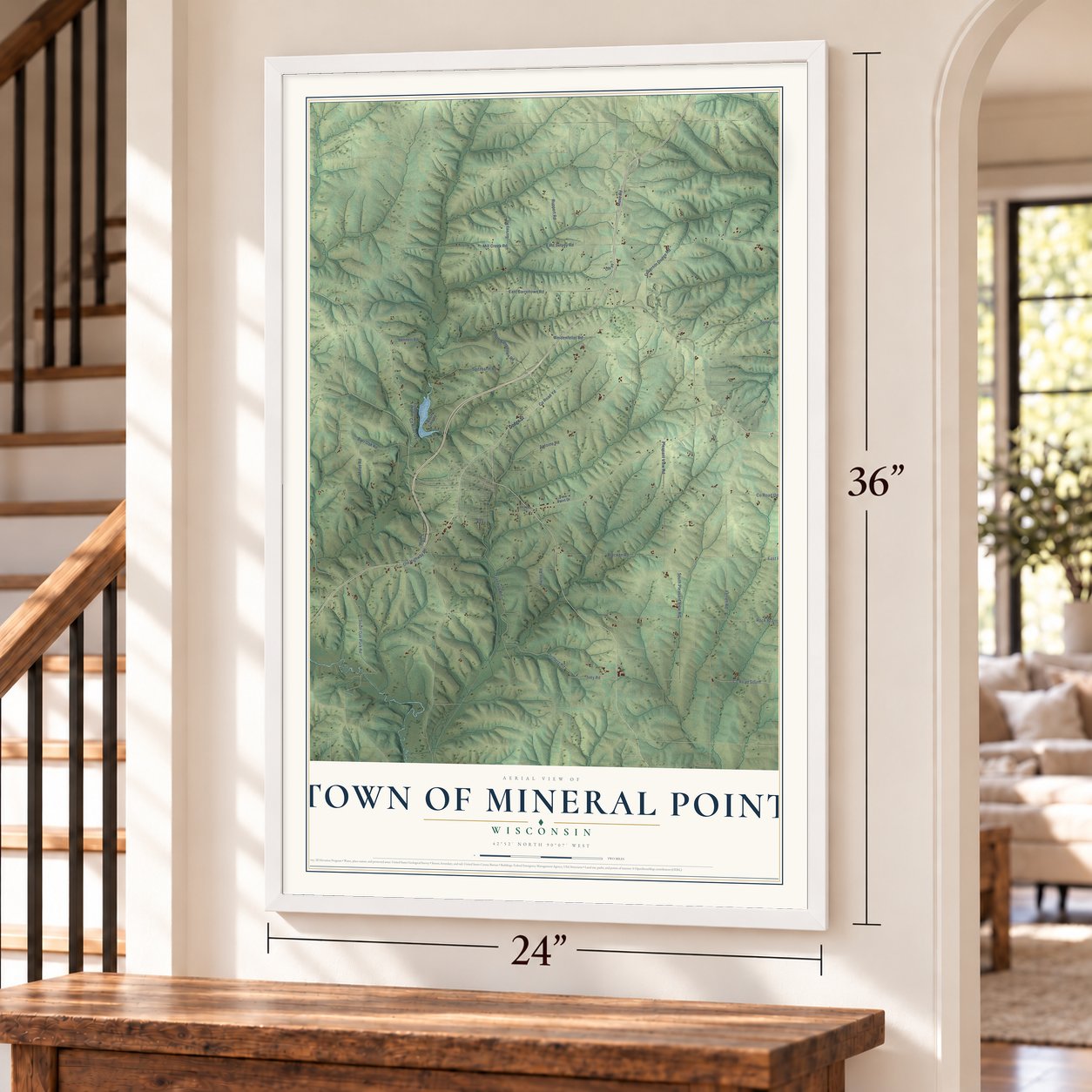 Town of Mineral Point, Wisconsin map, 24 x 36 inch print in a white frame by a staircase