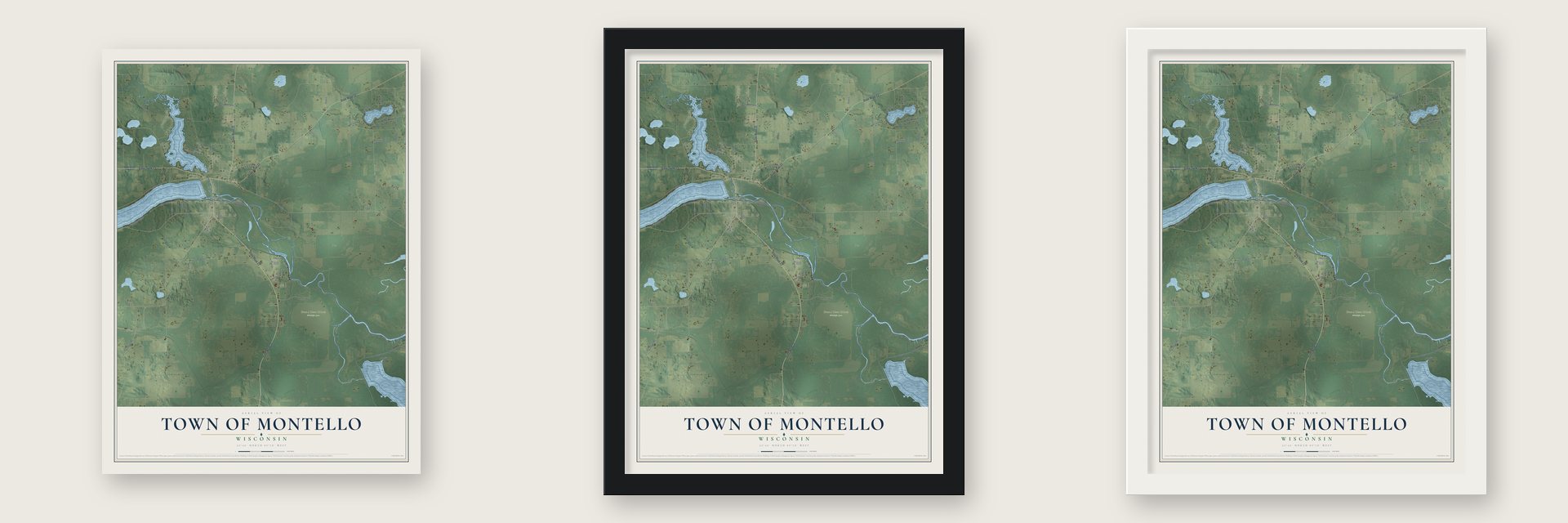 Town of Montello, Wisconsin map unframed, in a black wood frame and in a white wood frame