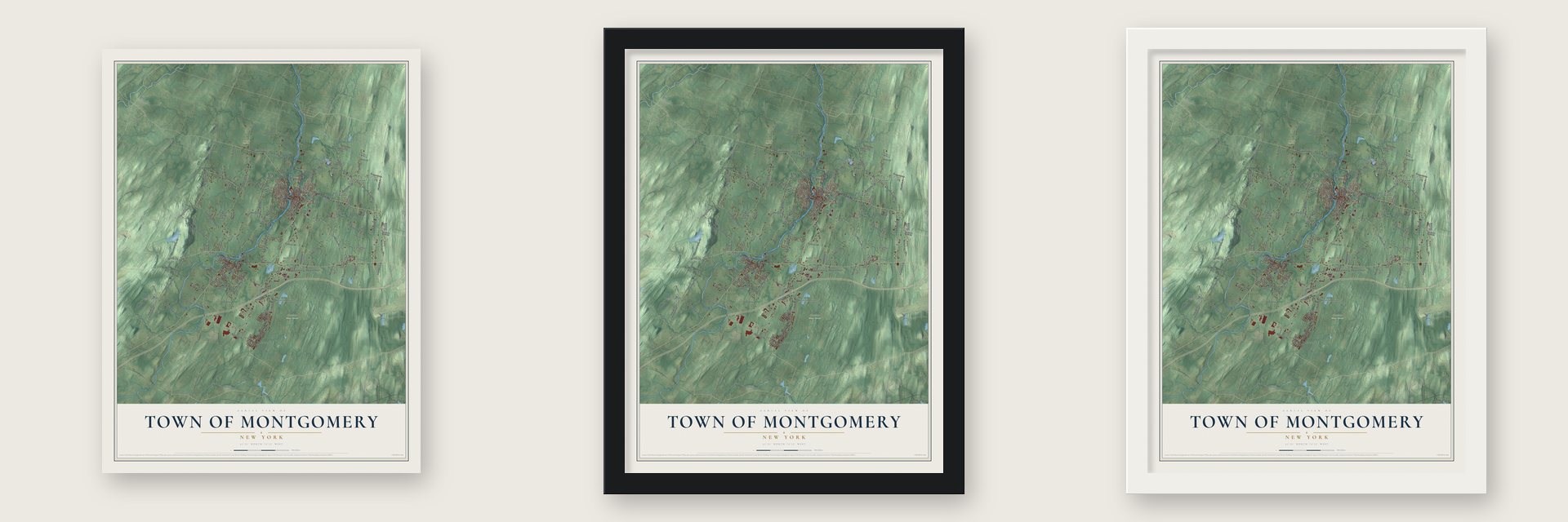 Town of Montgomery, New York map unframed, in a black wood frame and in a white wood frame