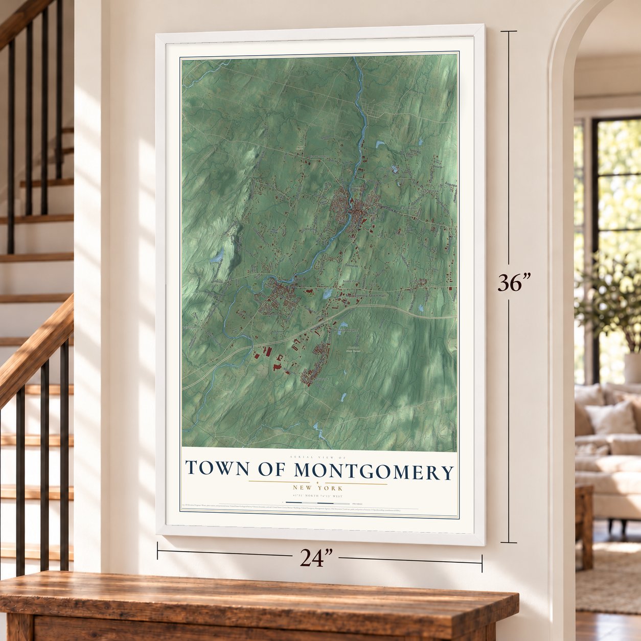 Town of Montgomery, New York map, 24 x 36 inch print in a white frame by a staircase