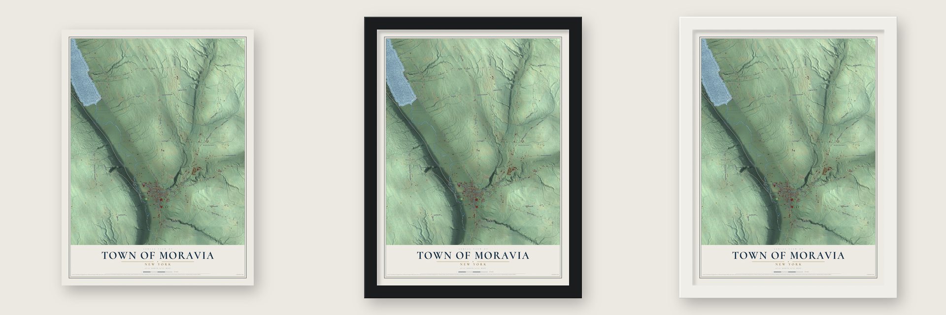 Town of Moravia, New York map unframed, in a black wood frame and in a white wood frame