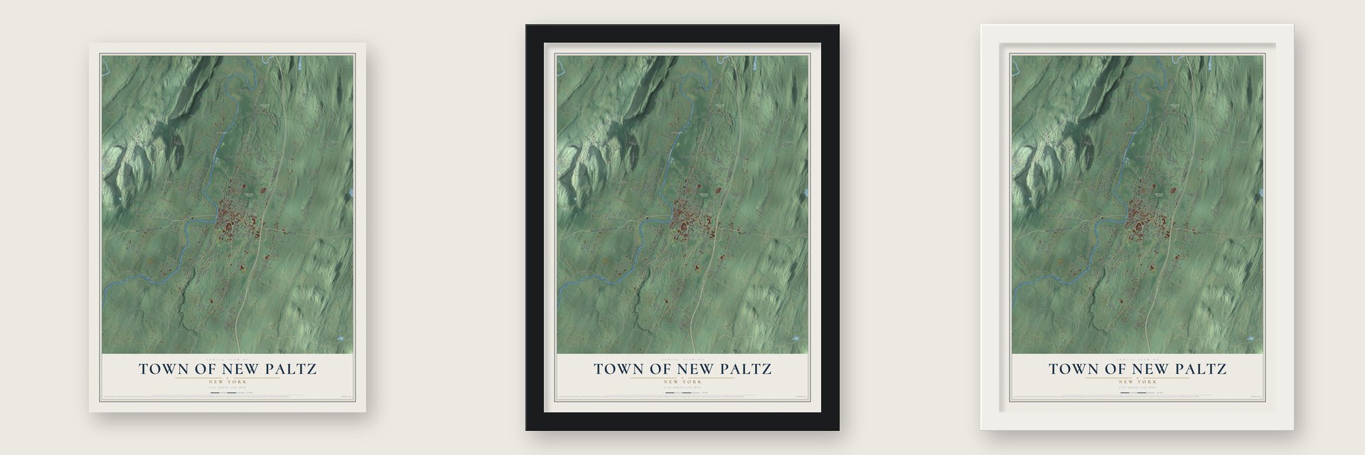 Town of New Paltz, New York map unframed, in a black wood frame and in a white wood frame