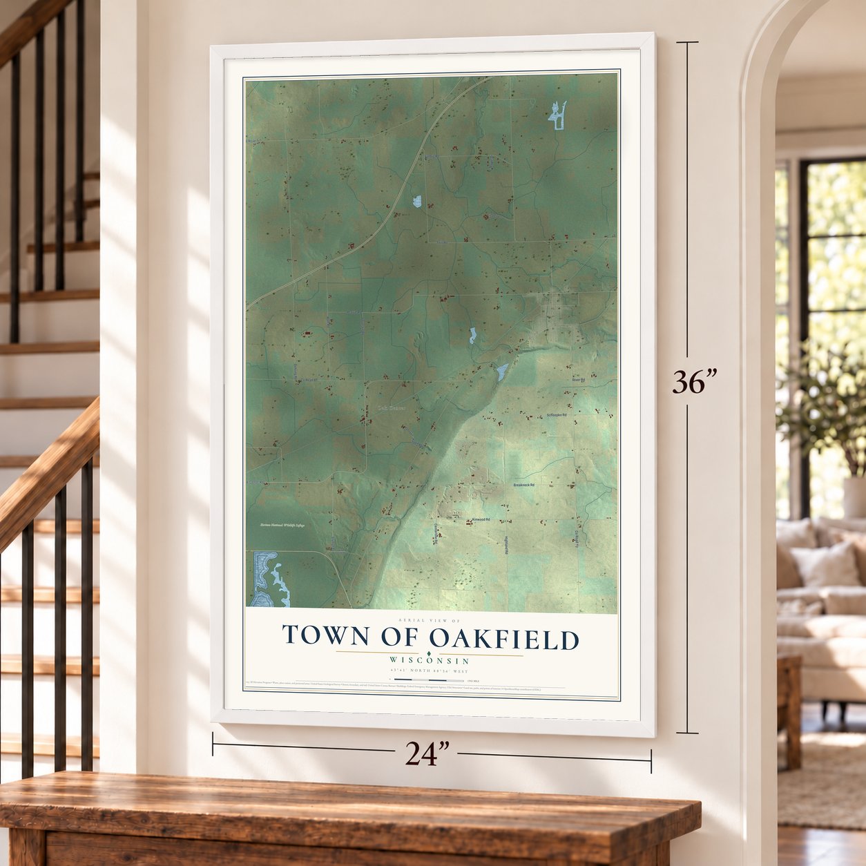 Town of Oakfield, Wisconsin map, 24 x 36 inch print in a white frame by a staircase
