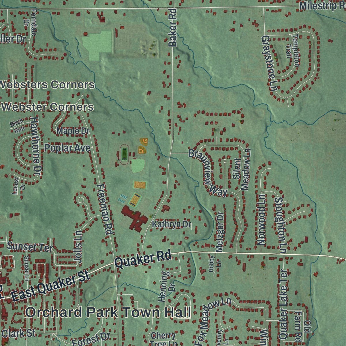 Second close-up of the map of the Town of Orchard Park, New York print showing more streets and buildings