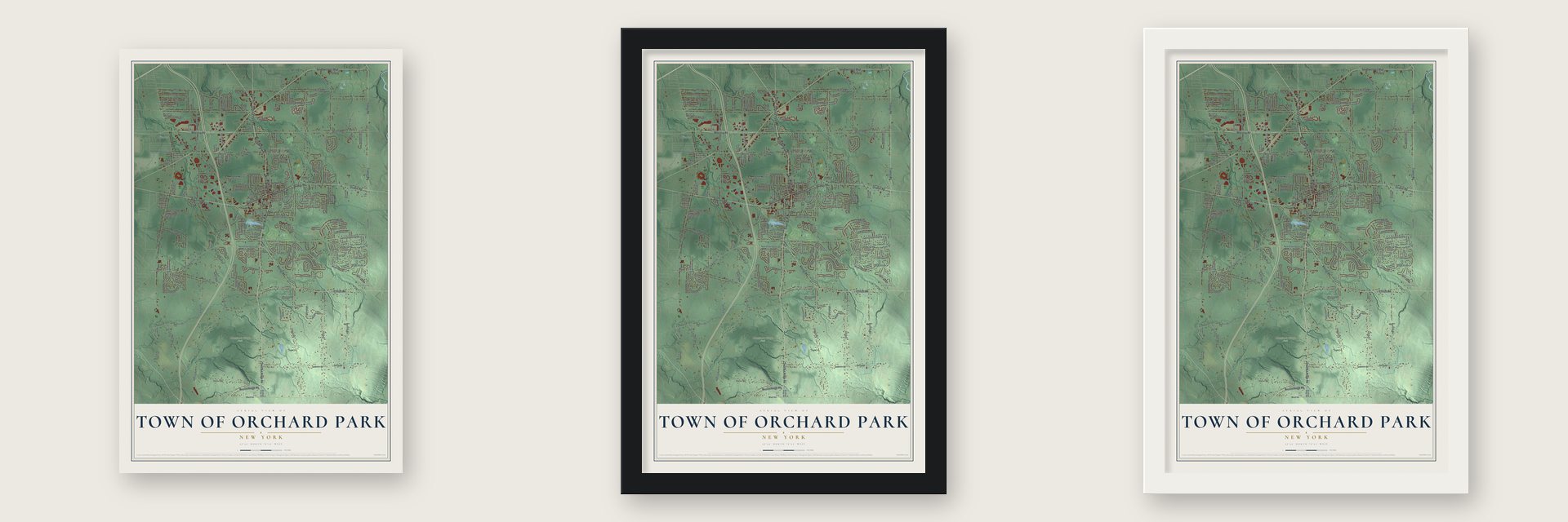 Town of Orchard Park, New York map unframed, in a black wood frame and in a white wood frame